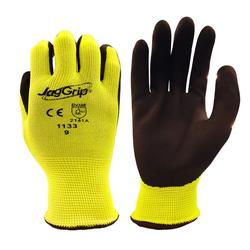 Picture of JagGrip® 15-Gauge Hi-Vis Yellow Polyester Shell Foam Latex Palm Coated Work Gloves w/ Crinkle Grip